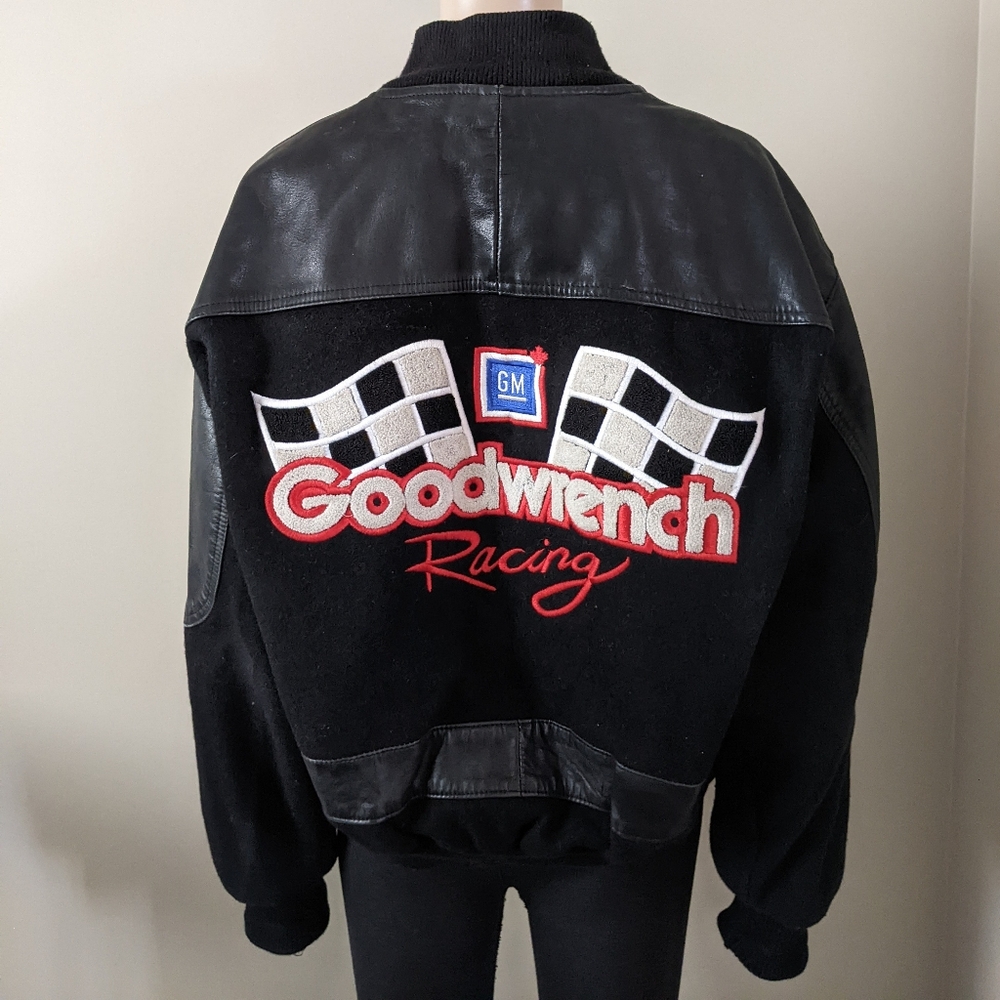 Vintage Astro GM Goodwrench Racing leather wool patched black jacket, men's larg